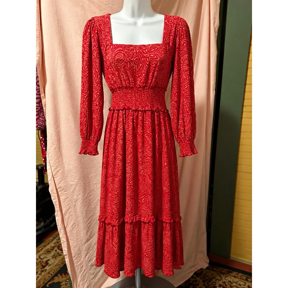 Angie Small Paisley Midi Dress Red Tie Front Cutout Smocked Waist Rayon *flaw